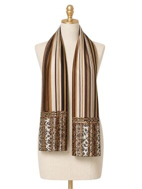 Adrienne Vittadini Silk Scarf Striped Floral‎ Neutral 35x35 Retro
